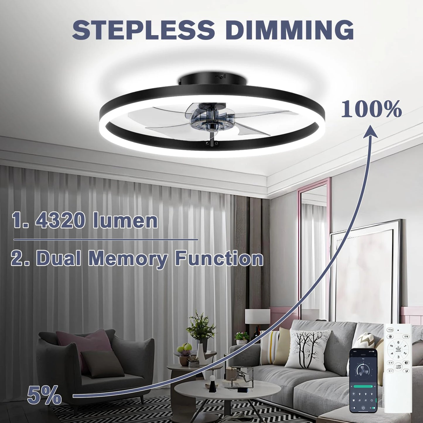 Slimme plafondventilator met LED licht & afstandsbediening – 6 snelheden, dimbaar (50 cm)