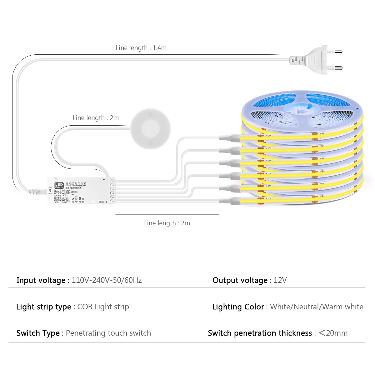 Moderne LED COB lichtstrip met touch- en handscan dimmer. Dimbaar, hoge lichtopbrengst en ideaal voor akoestische panelen, kasten, planken en sfeervolle wandverlichting.