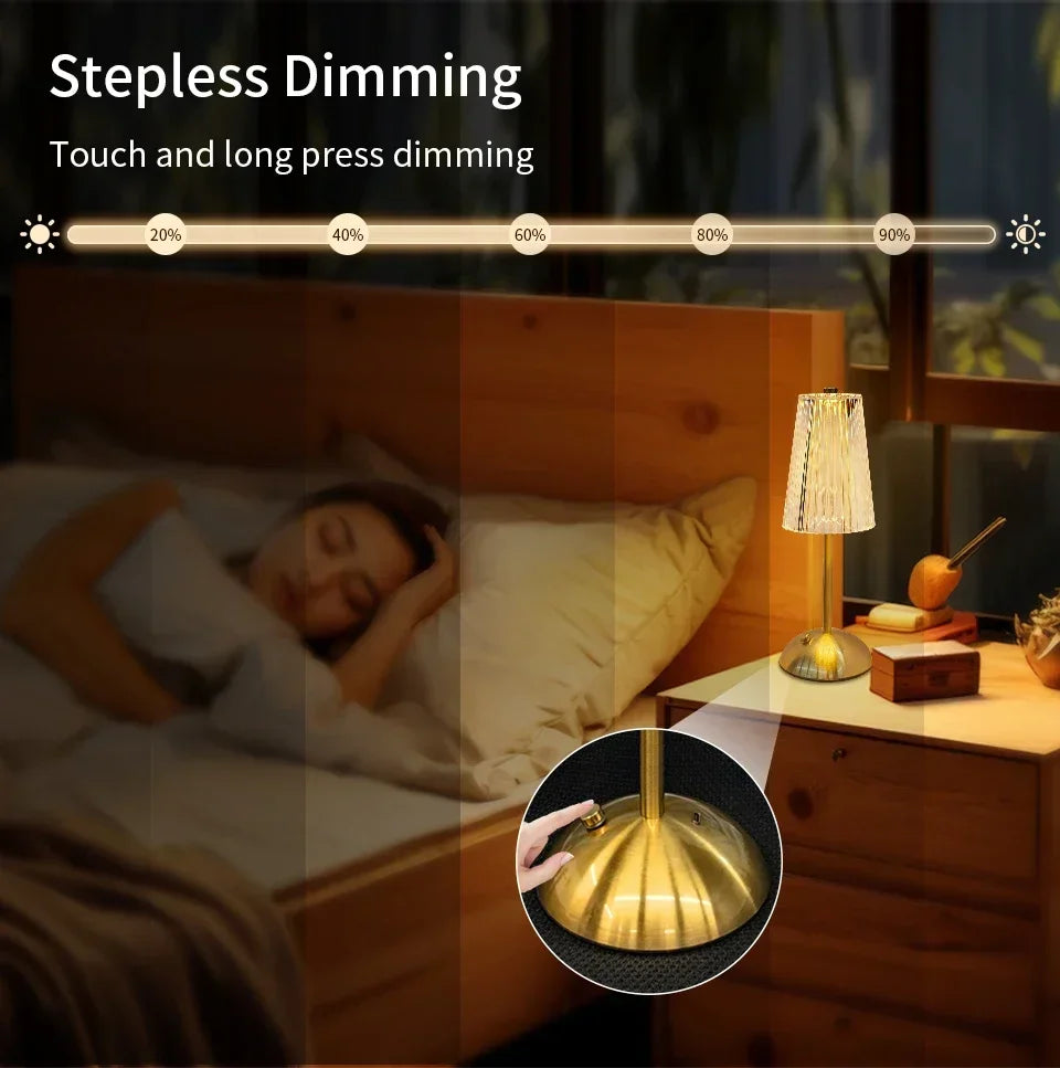 Kristallen LED tafellamp met touch sensor – oplaadbare dimbare nachtlamp voor slaapkamer & hotel