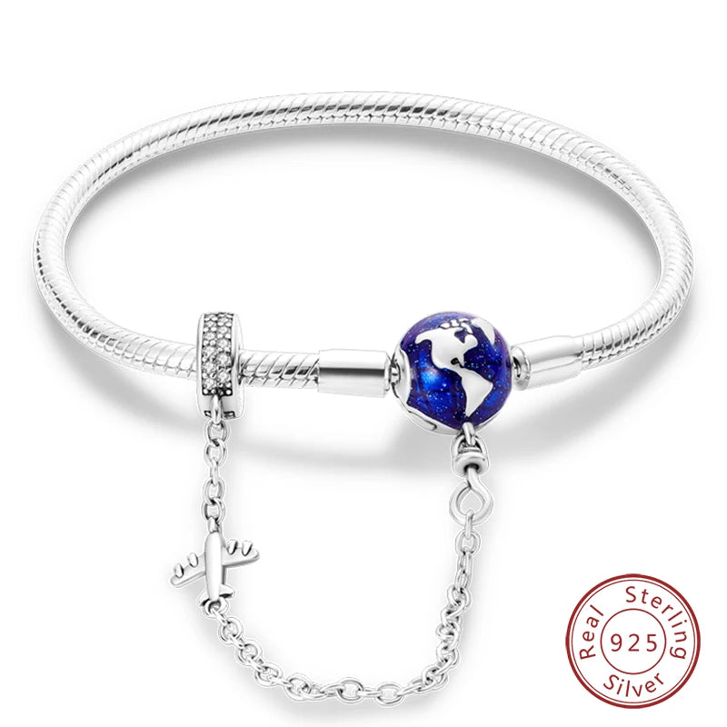 925 Sterling zilveren “Forever Love” hartarmband – Ster, maan, vliegtuig & aarde charms voor dames