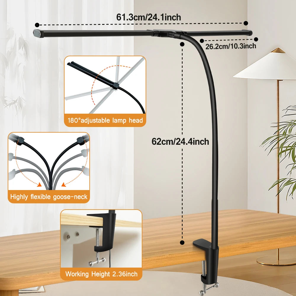 Dubbele LED bureauklem lamp – 3 lichtkleuren & 10 dimstanden voor thuis en kantoor