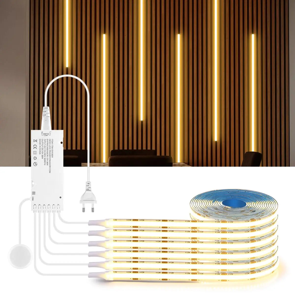 Moderne LED COB lichtstrip met touch- en handscan dimmer. Dimbaar, hoge lichtopbrengst en ideaal voor akoestische panelen, kasten, planken en sfeervolle wandverlichting.