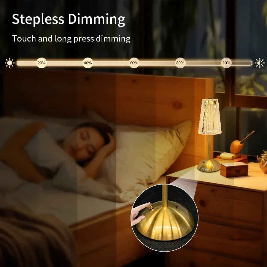 Kristallen LED tafellamp met touch sensor – oplaadbare dimbare nachtlamp voor slaapkamer & hotel