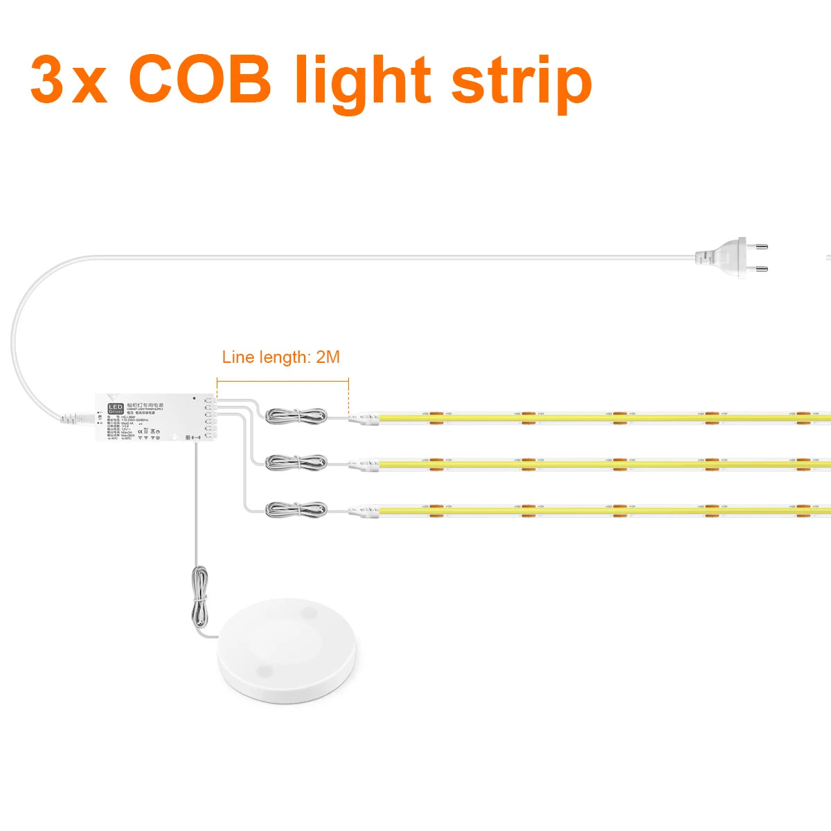 Moderne LED COB lichtstrip met touch- en handscan dimmer. Dimbaar, hoge lichtopbrengst en ideaal voor akoestische panelen, kasten, planken en sfeervolle wandverlichting.