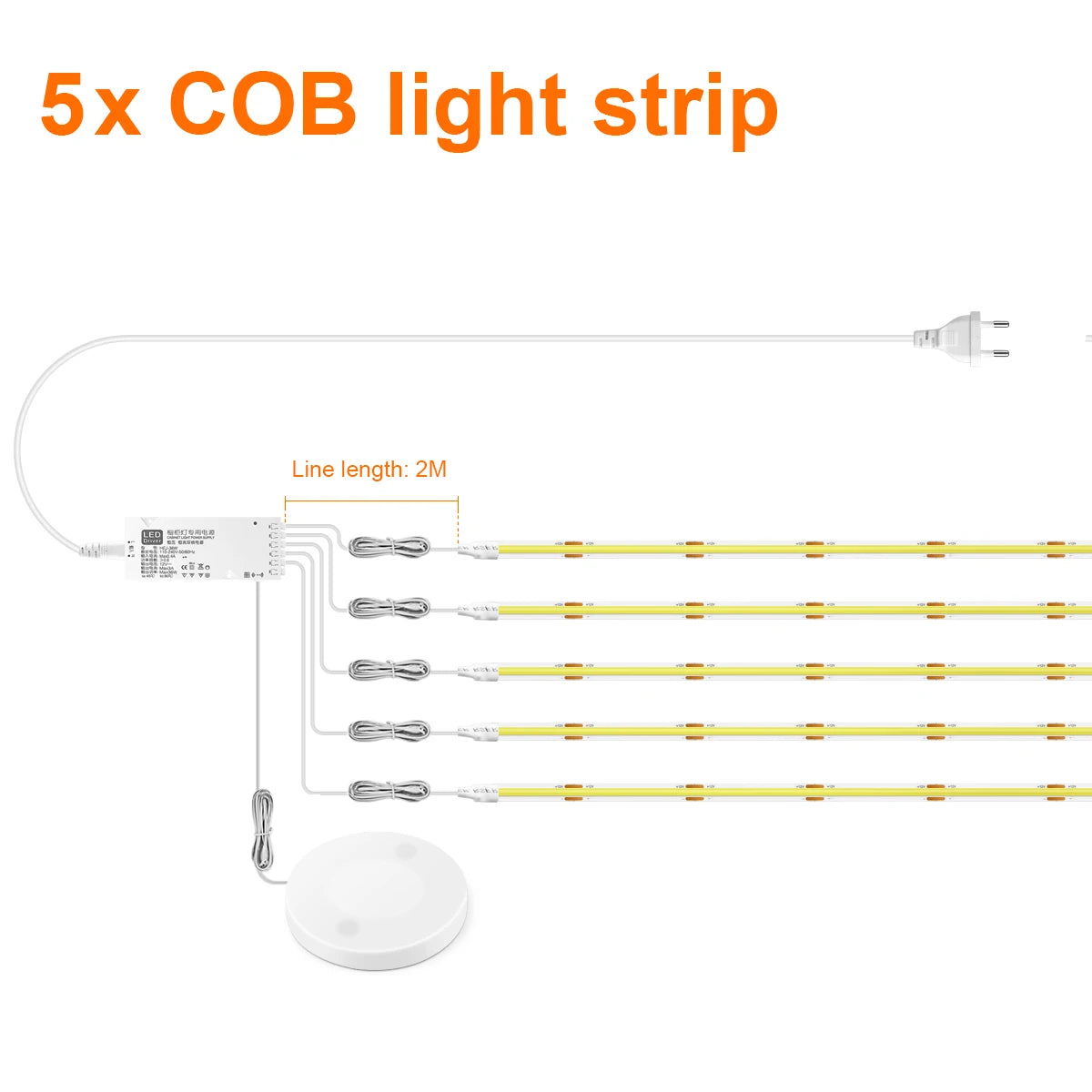 Moderne LED COB lichtstrip met touch- en handscan dimmer. Dimbaar, hoge lichtopbrengst en ideaal voor akoestische panelen, kasten, planken en sfeervolle wandverlichting.