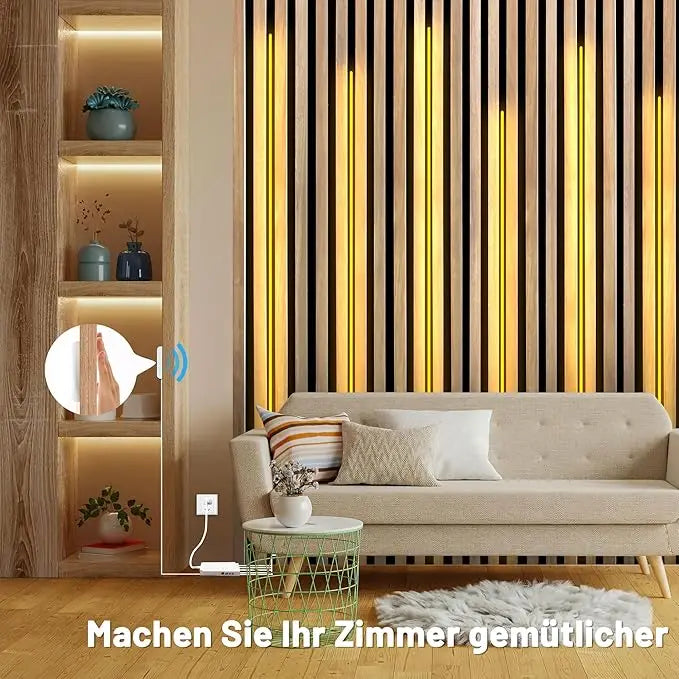 Moderne LED COB lichtstrip met touch- en handscan dimmer. Dimbaar, hoge lichtopbrengst en ideaal voor akoestische panelen, kasten, planken en sfeervolle wandverlichting.