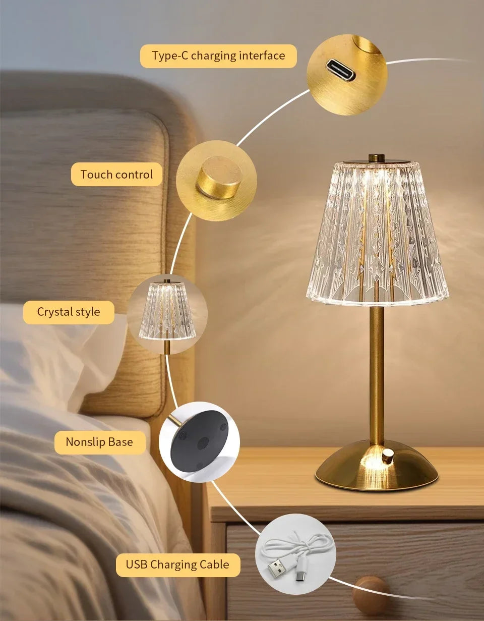 Kristallen LED tafellamp met touch sensor – oplaadbare dimbare nachtlamp voor slaapkamer & hotel