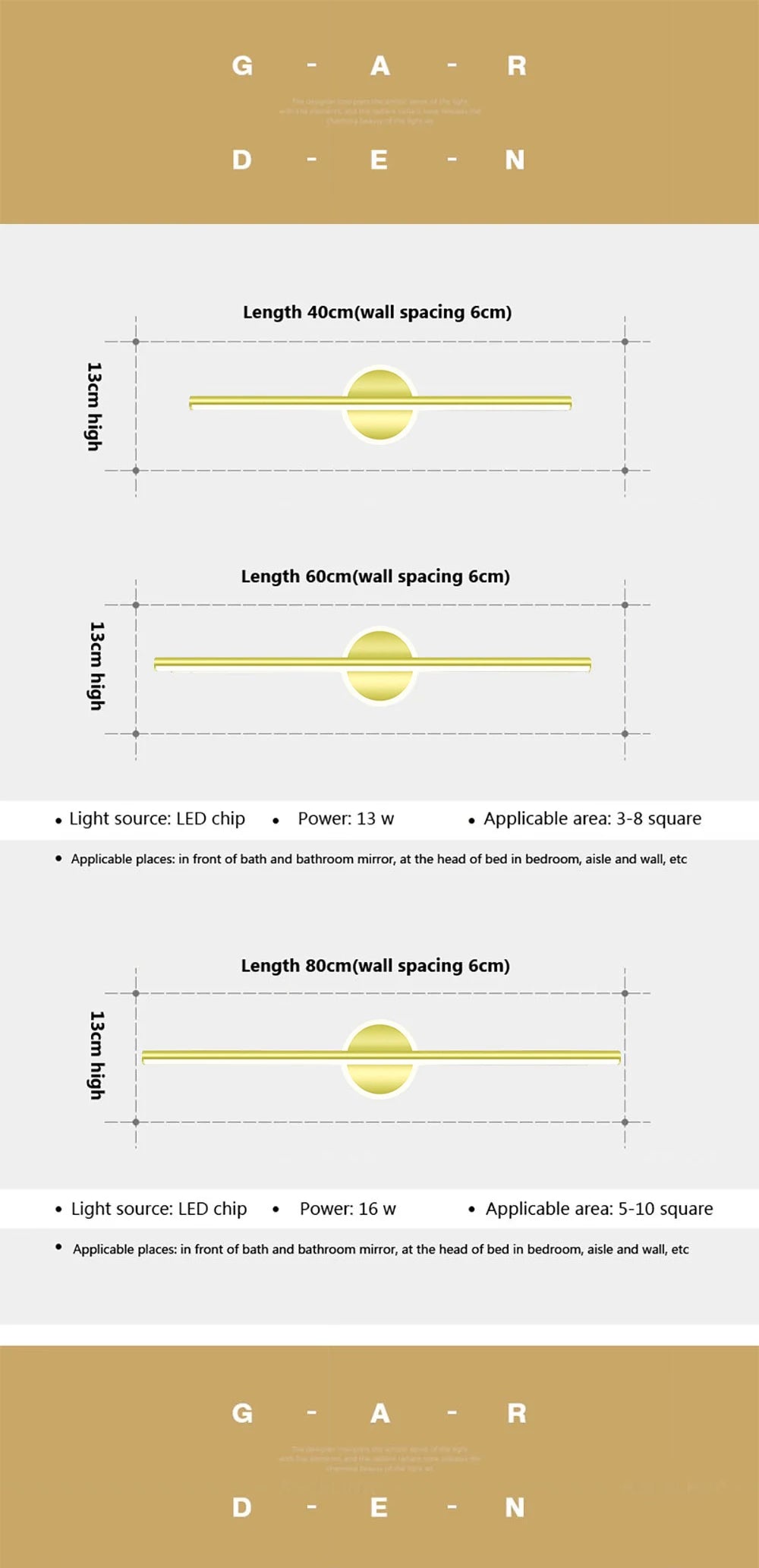 Moderne LED wandlamp spiegelverlichting 40–80 cm – goud/zwart badkamer & make-up lamp