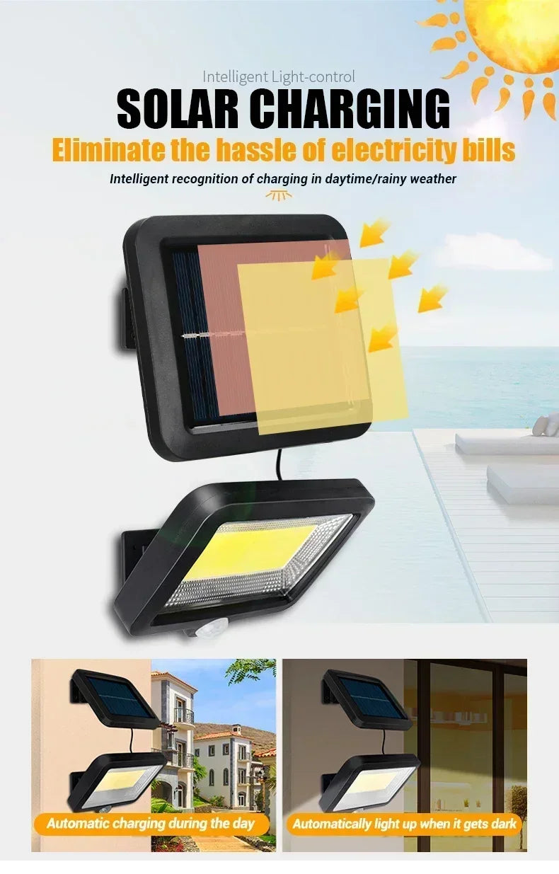 Solar Buitenlamp met Bewegingssensor – Split Paneel – 100/120/128 LED – 3 Lichtstanden – IP65 Waterdicht – Tuin, Schutting & Oprit