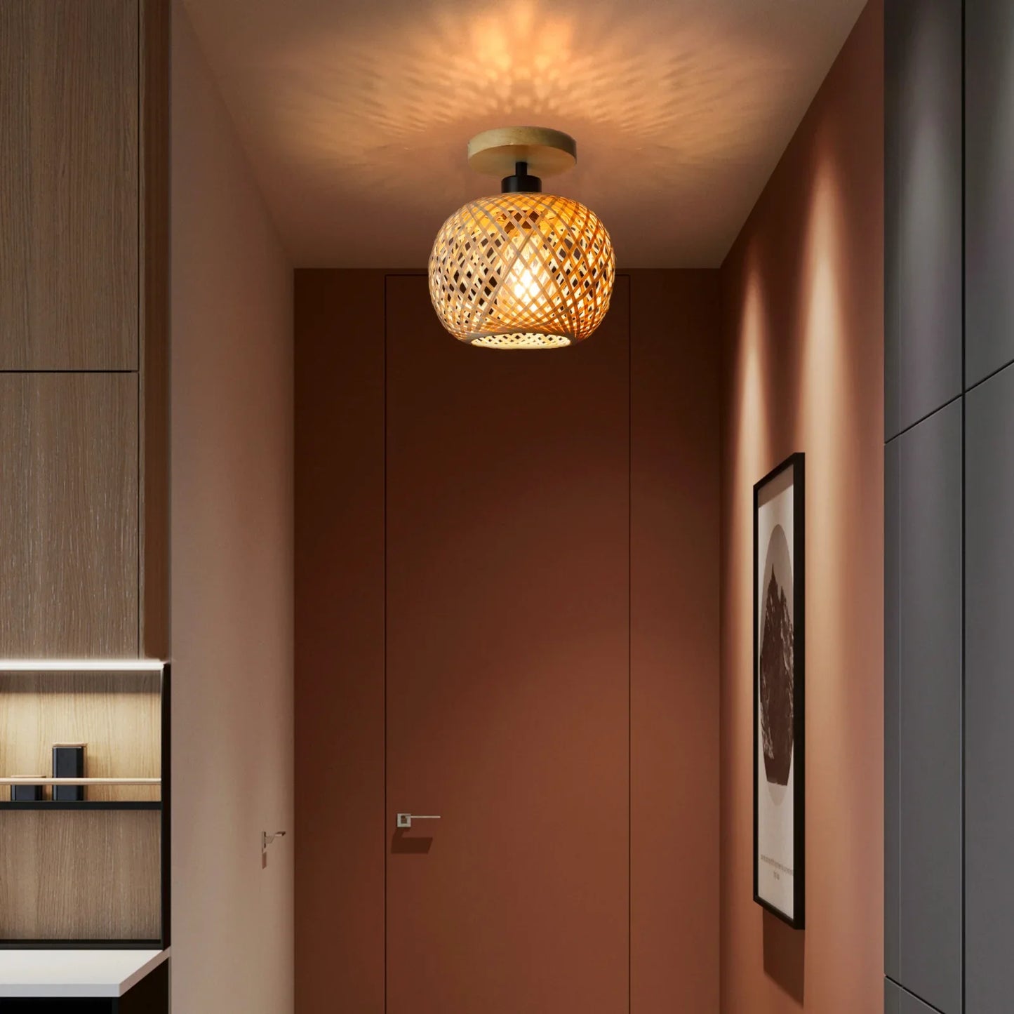 Retro bamboe geweven plafondlamp – decoratieve E27 plafondverlichting voor hal & woonkamer