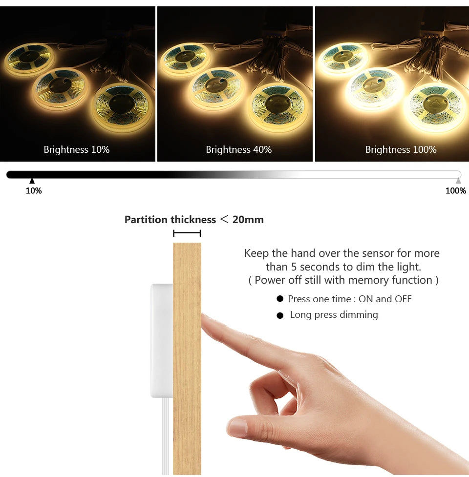 Moderne LED COB lichtstrip met touch- en handscan dimmer. Dimbaar, hoge lichtopbrengst en ideaal voor akoestische panelen, kasten, planken en sfeervolle wandverlichting.