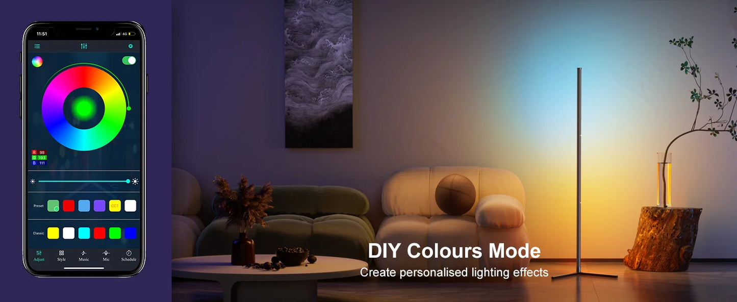 Slimme RGB LED hoekvloerlamp – muziek synchronisatie & app-bediening voor woonkamer